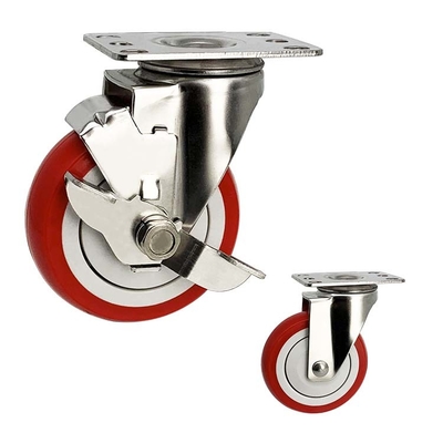 Waterproof Stainless Steel Casters 3 Inch Red PU Side Brake SS Castors