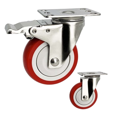 Waterproof Stainless Steel Casters 3 Inch Red PU Side Brake SS Castors